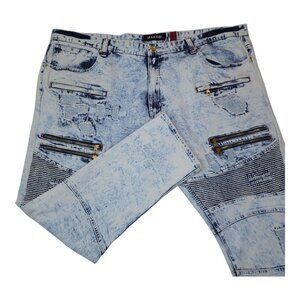 Makobi Mens Distressed Acid Wash Denim Jeans 48X32 Zipper & Tucks Accents